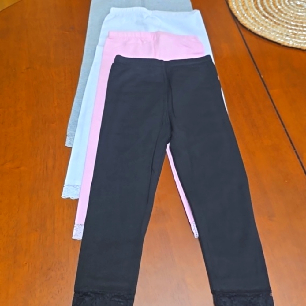 Set Of 4 Kids Lace Trim Leggings - Pink, White, Gray, Black Size 2XL (7Yrs)